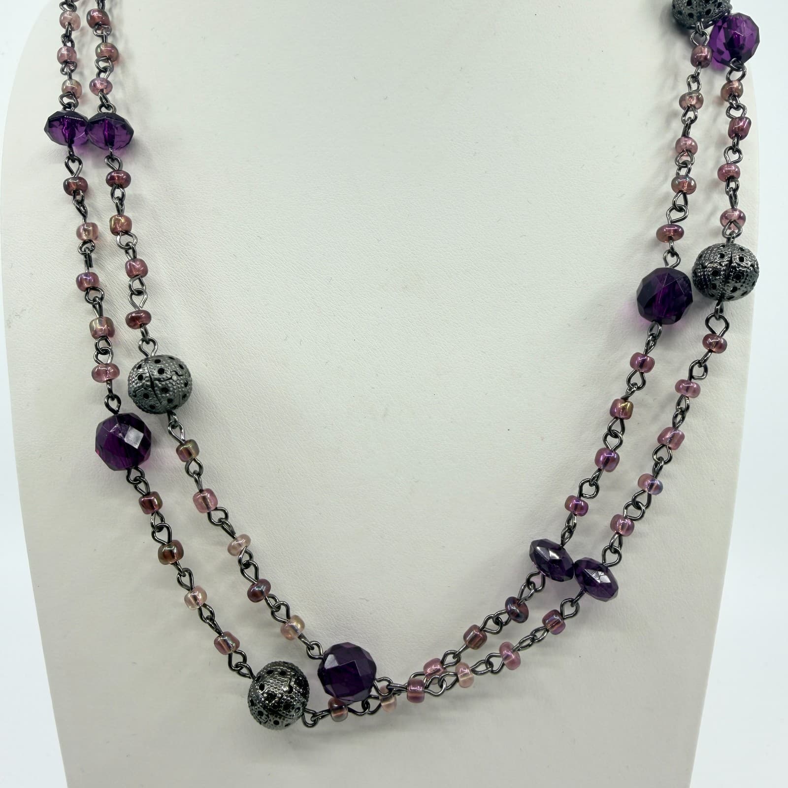 Vintage Gunmetal Tone Purple Multi Stone Long Necklace Beaded Filigree Boho 90s - Thumbnail 2