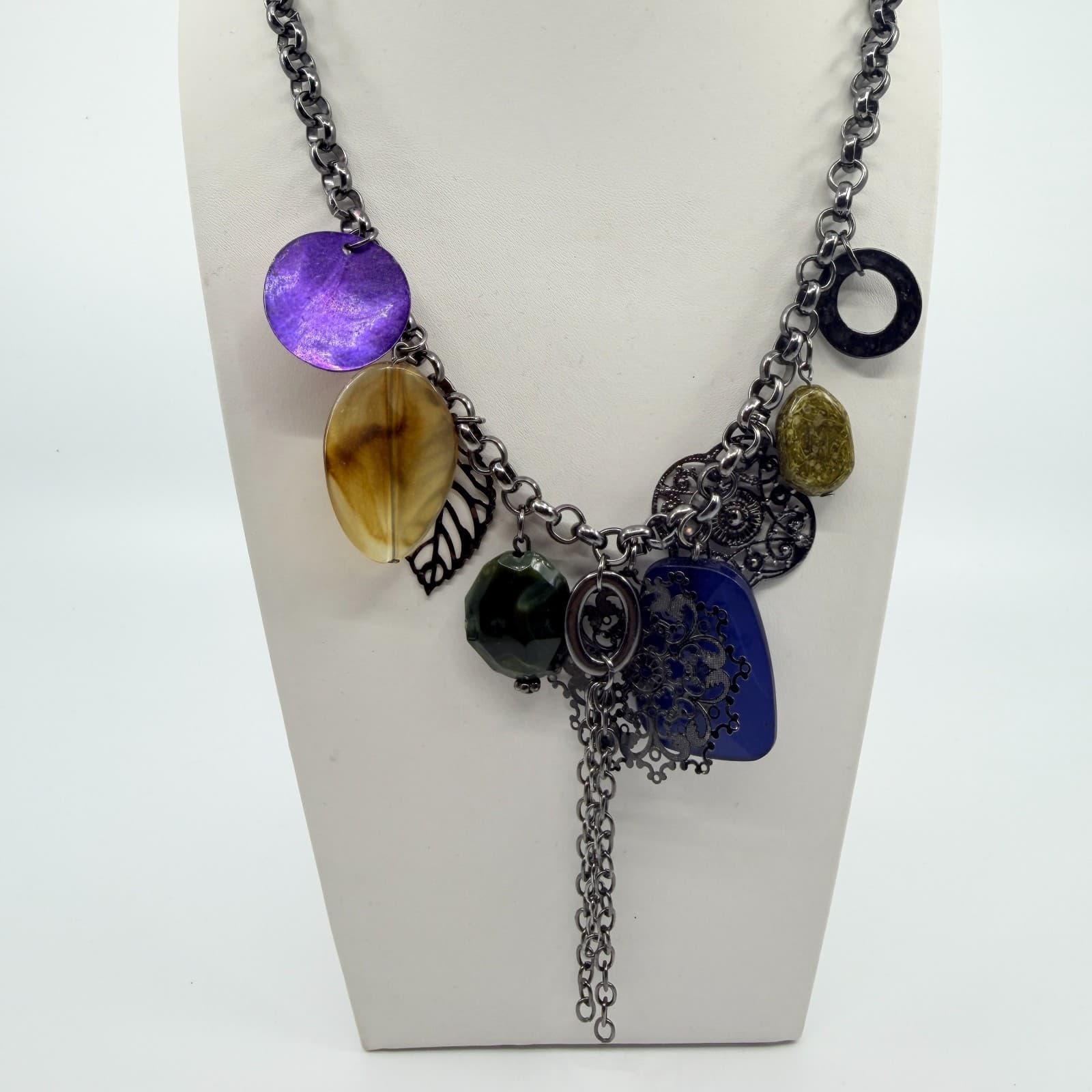 Vintage Gunmetal Tone Multi Charm Necklace Purple Blue Boho Statement Tassel Y2K - Thumbnail 7