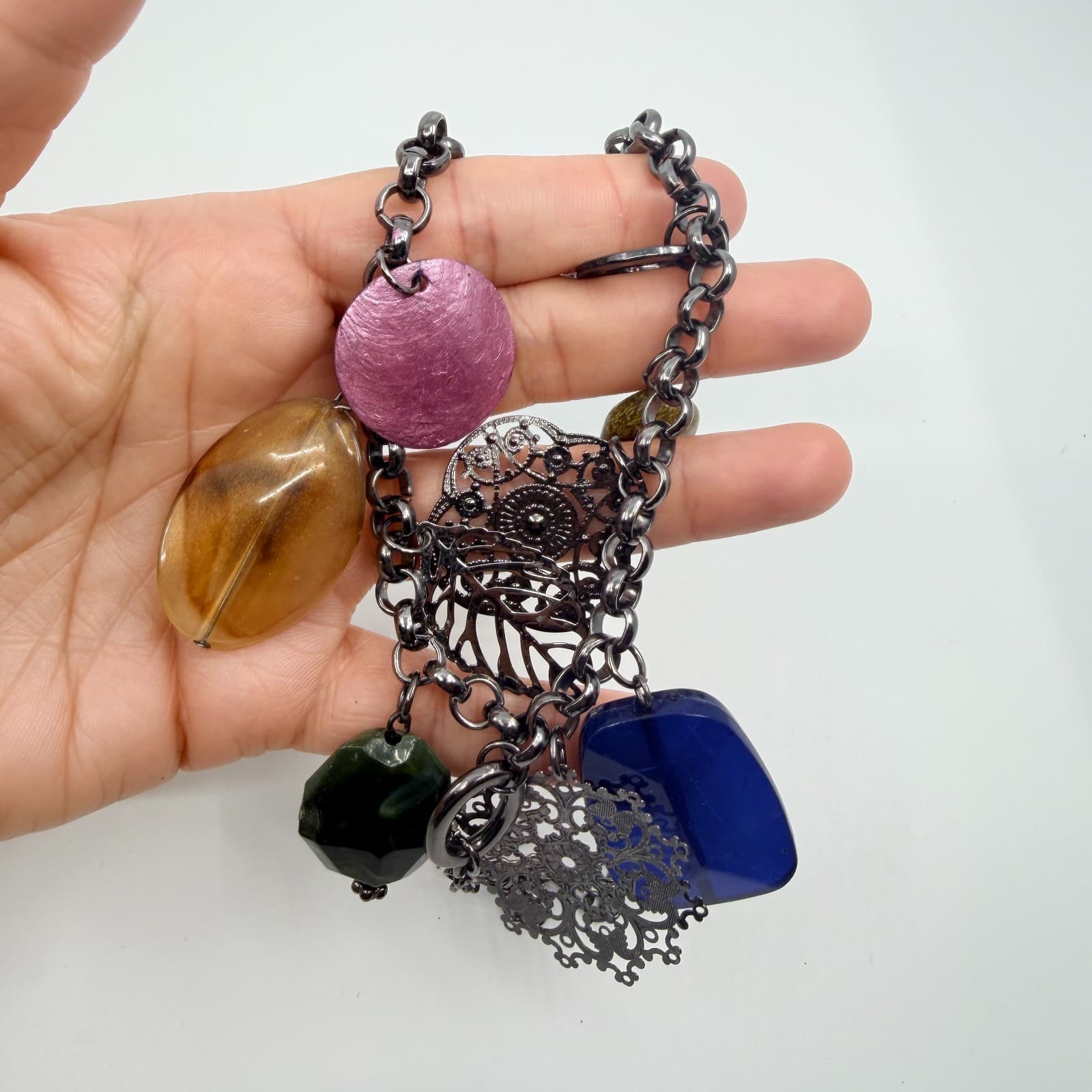 Vintage Gunmetal Tone Multi Charm Necklace Purple Blue Boho Statement Tassel Y2K - Thumbnail 9