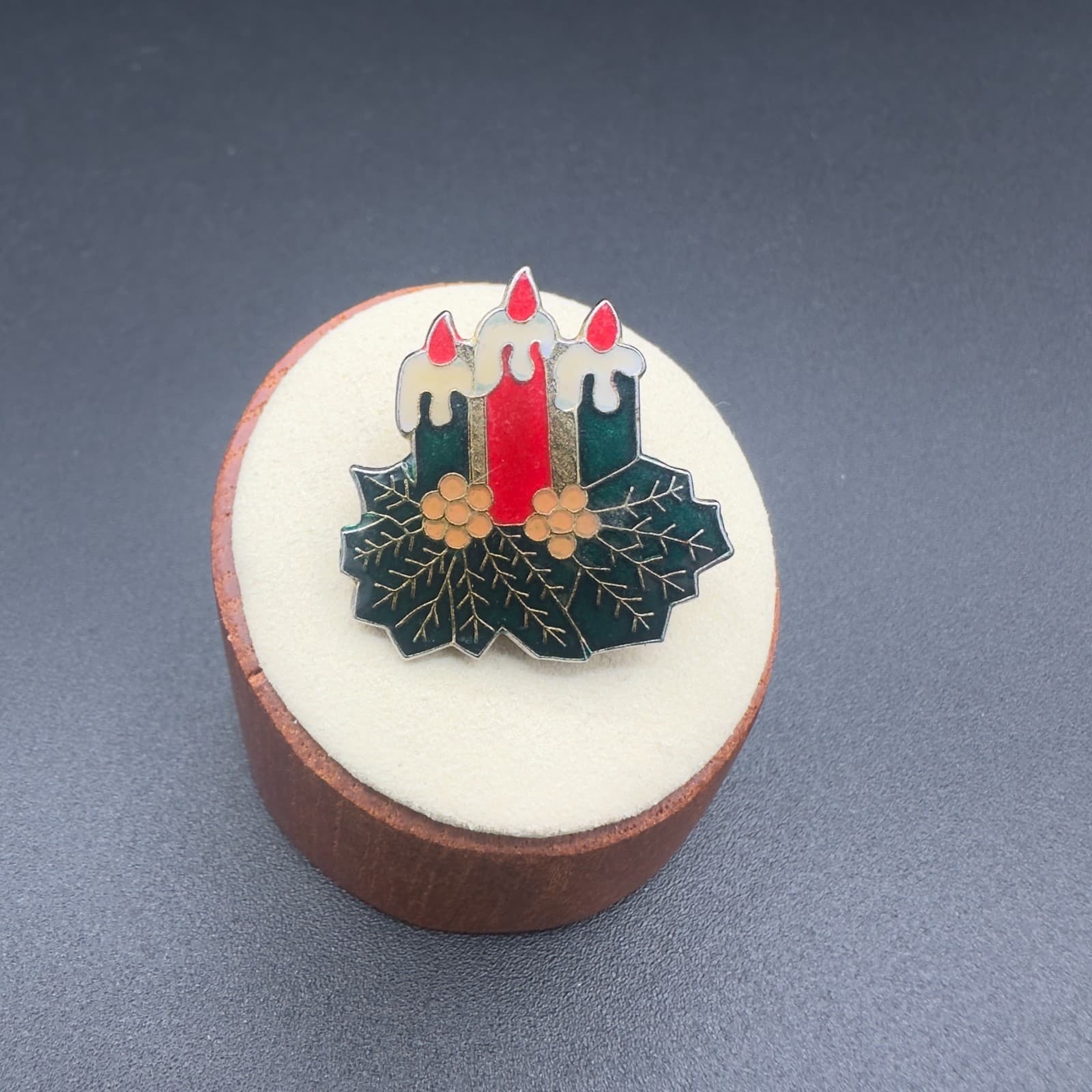 Vintage Enamel Christmas Candle Brooch – Holiday Holly Pin