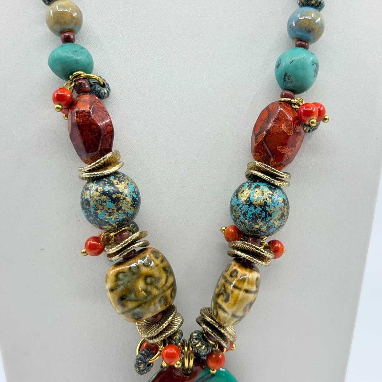 Vintage Boho Chunky Turquoise Red Beaded Statement Necklace Oval Pendant Lobster - Thumbnail 6