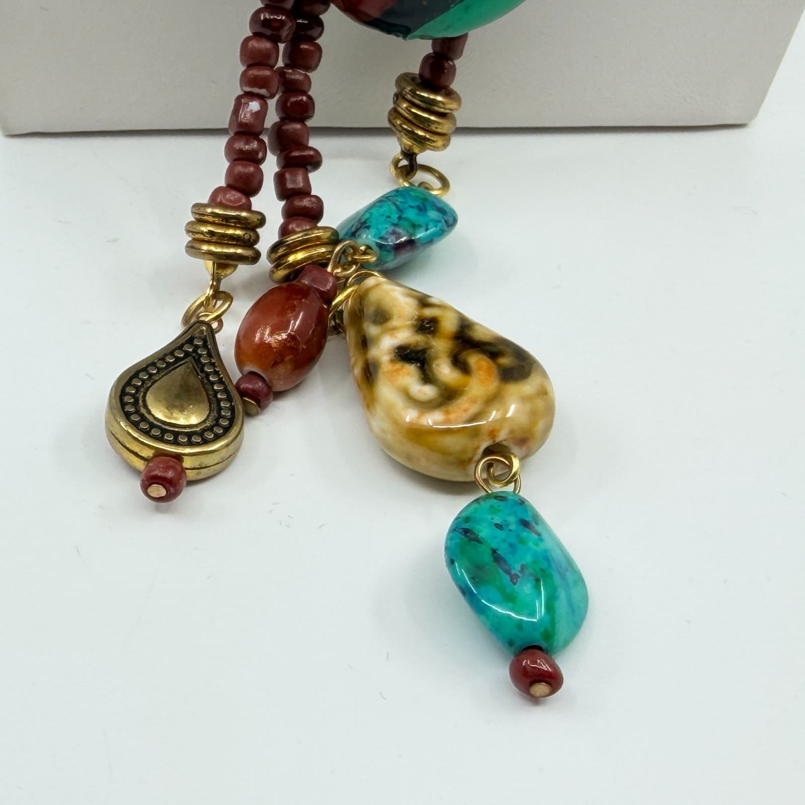 Vintage Boho Chunky Turquoise Red Beaded Statement Necklace Oval Pendant Lobster - Thumbnail 3