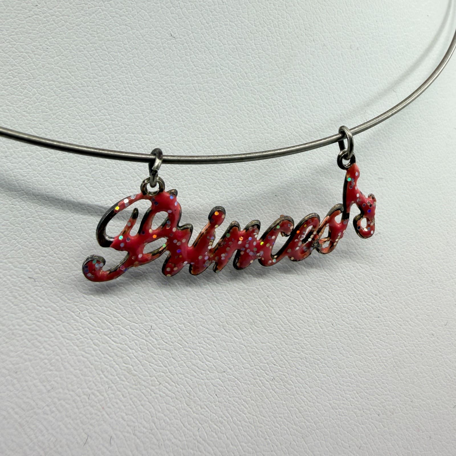 Vintage Silver Tone Red Glitter Princess Script Necklace Wire Choker Retro Y2K - Thumbnail 2