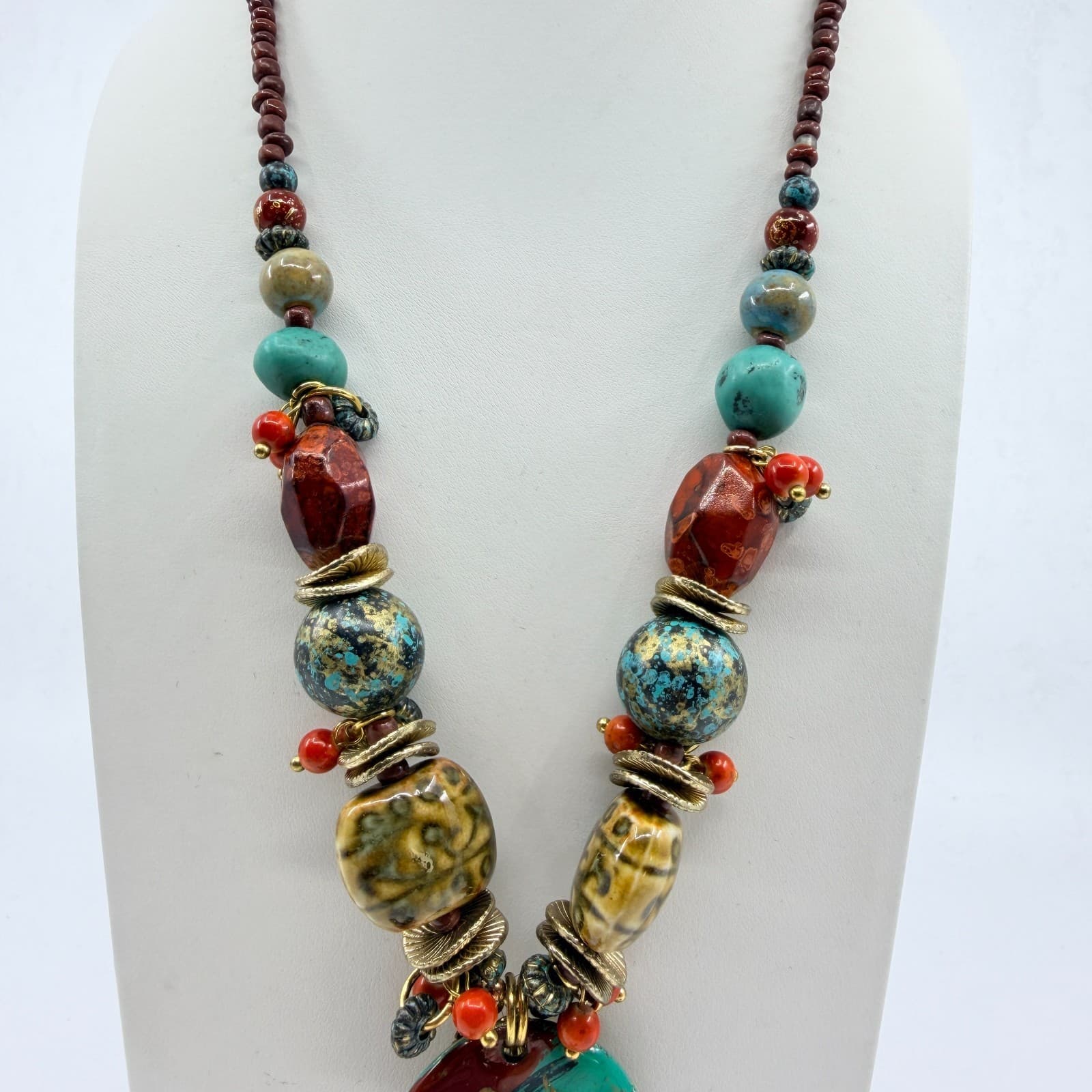 Vintage Boho Chunky Turquoise Red Beaded Statement Necklace Oval Pendant Lobster - Thumbnail 7