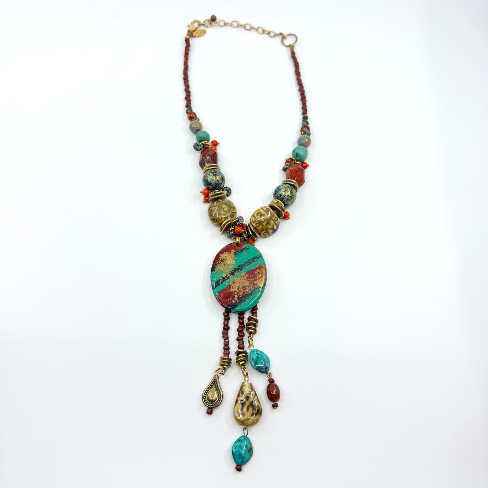 Vintage Boho Chunky Turquoise Red Beaded Statement Necklace Oval Pendant Lobster - Thumbnail 12