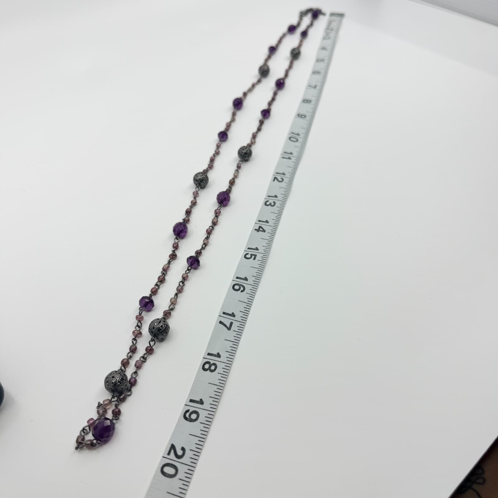 Vintage Gunmetal Tone Purple Multi Stone Long Necklace Beaded Filigree Boho 90s - Thumbnail 8