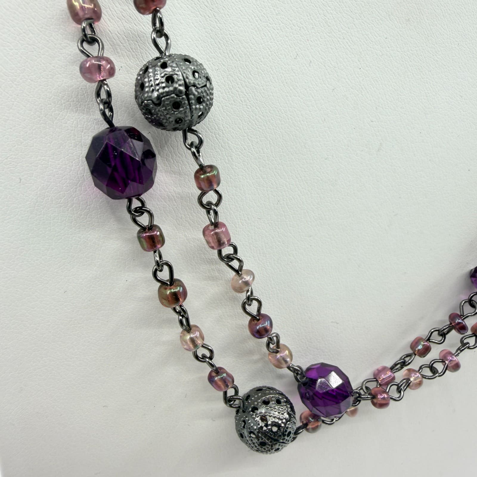 Vintage Gunmetal Tone Purple Multi Stone Long Necklace Beaded Filigree Boho 90s - Thumbnail 3