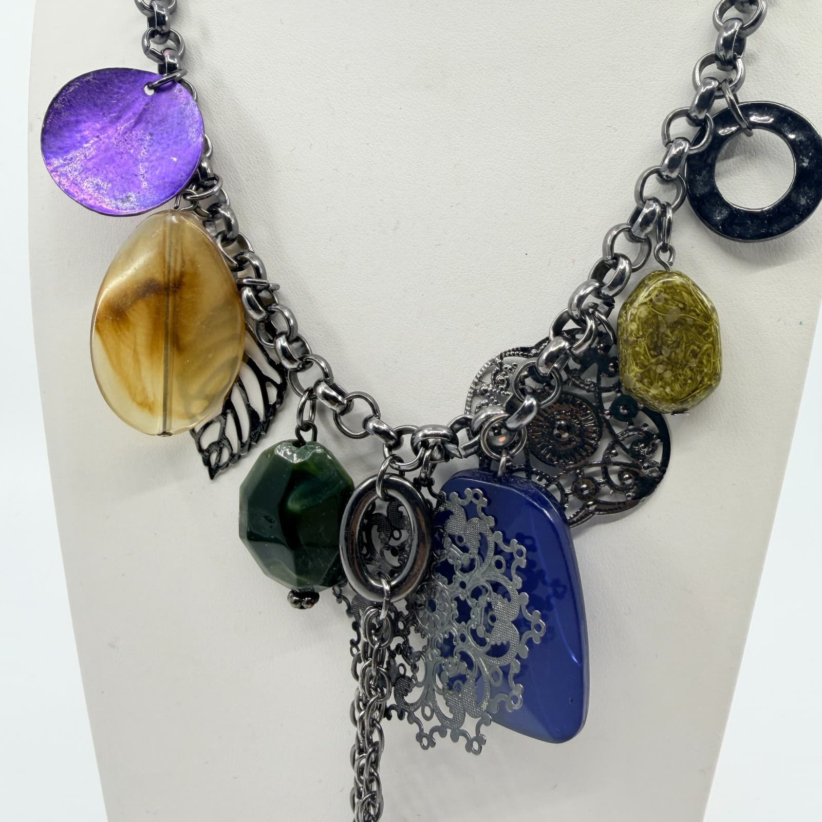 Vintage Gunmetal Tone Multi Charm Necklace Purple Blue Boho Statement Tassel Y2K - Thumbnail 6