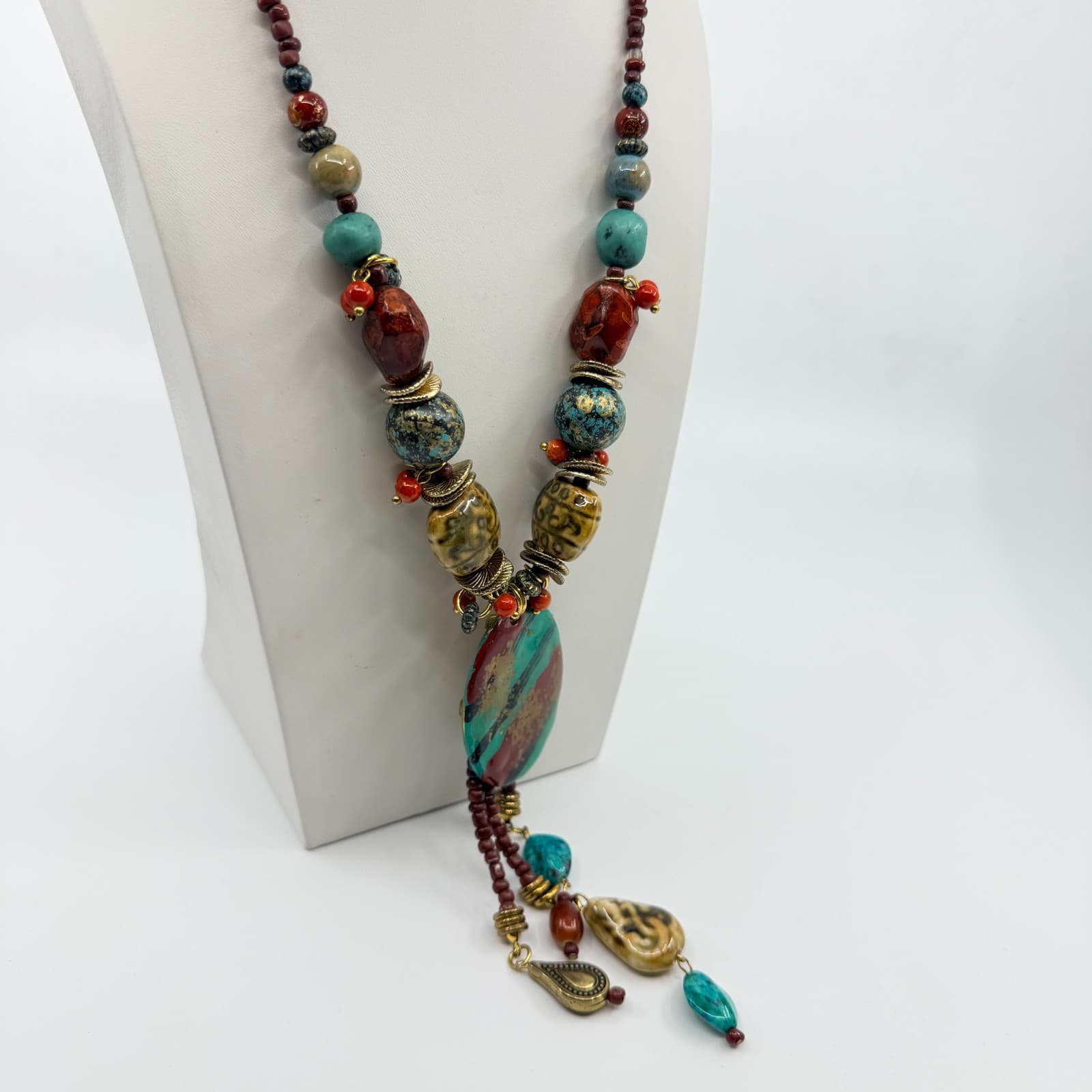 Vintage Boho Chunky Turquoise Red Beaded Statement Necklace Oval Pendant Lobster - Thumbnail 9