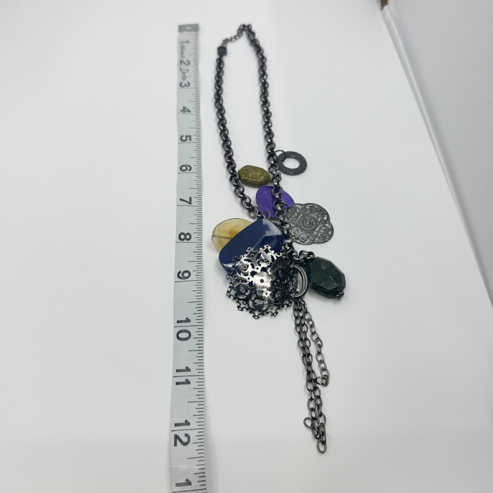 Vintage Gunmetal Tone Multi Charm Necklace Purple Blue Boho Statement Tassel Y2K - Thumbnail 10