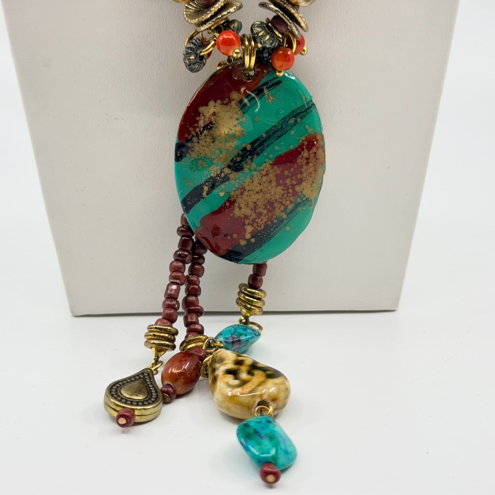 Vintage Boho Chunky Turquoise Red Beaded Statement Necklace Oval Pendant Lobster - Thumbnail 4