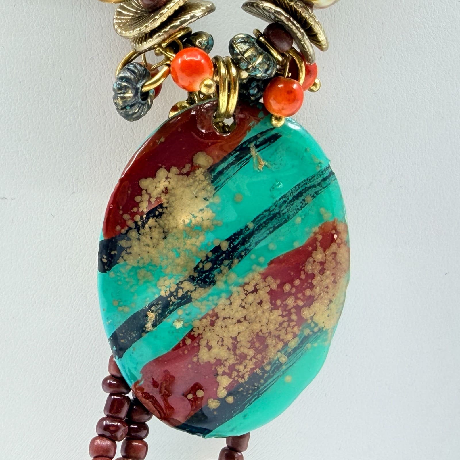 Vintage Boho Chunky Turquoise Red Beaded Statement Necklace Oval Pendant Lobster - Thumbnail 5