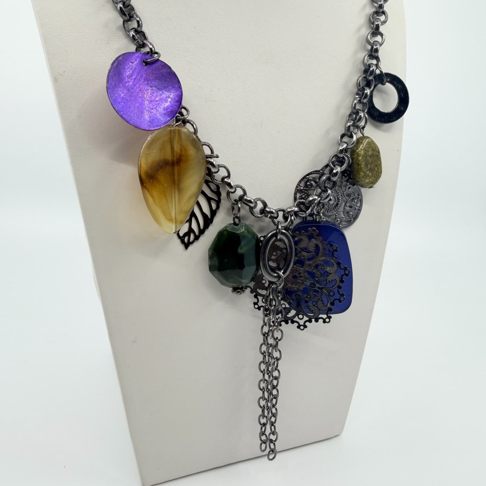 Vintage Gunmetal Tone Multi Charm Necklace Purple Blue Boho Statement Tassel Y2K - Thumbnail 4