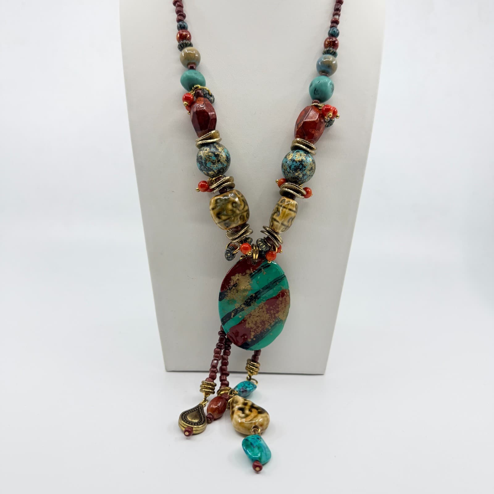 Vintage Boho Chunky Turquoise Red Beaded Statement Necklace Oval Pendant Lobster - Thumbnail 2