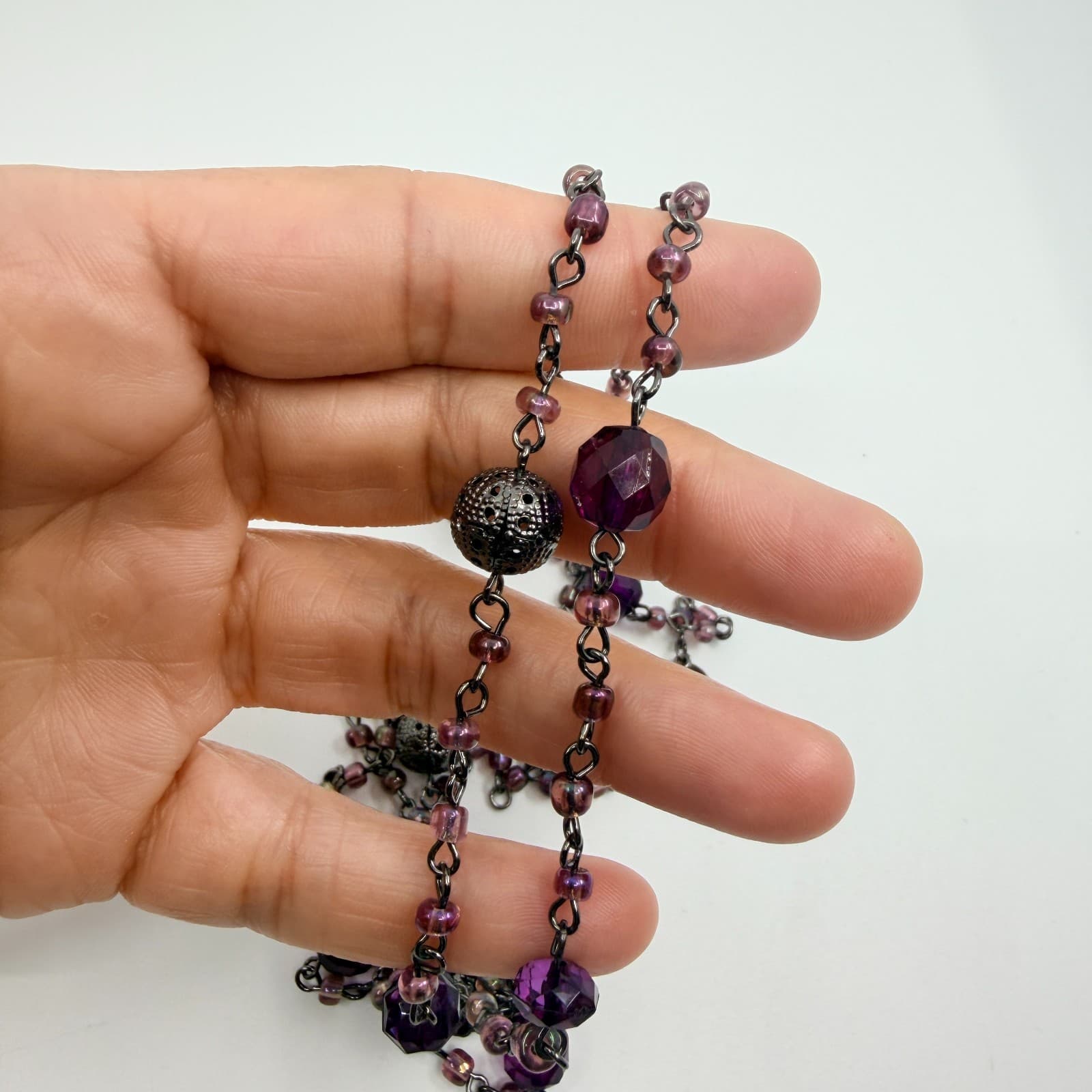 Vintage Gunmetal Tone Purple Multi Stone Long Necklace Beaded Filigree Boho 90s - Thumbnail 7
