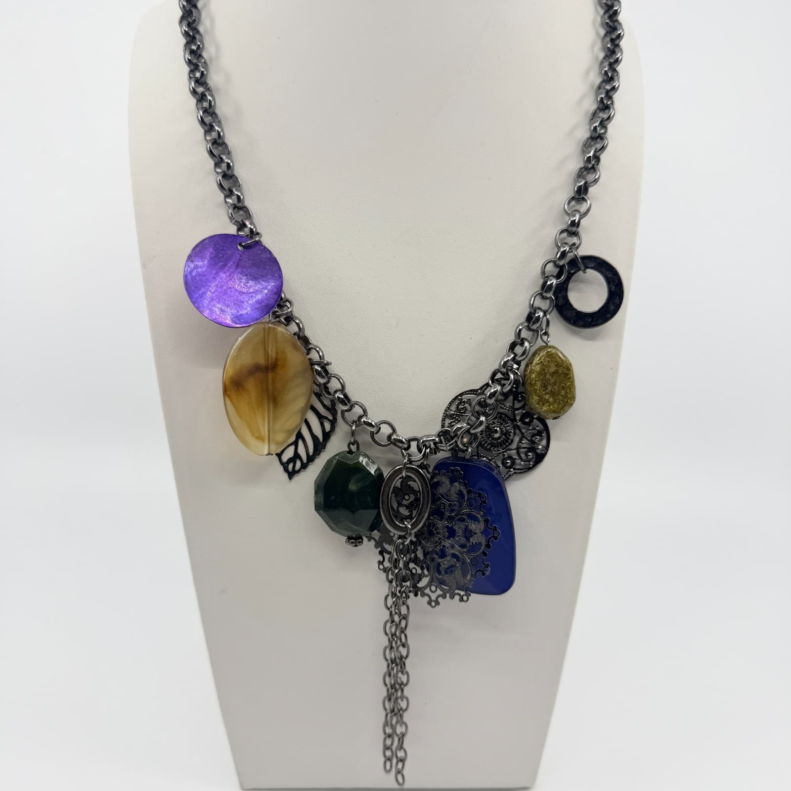 Vintage Gunmetal Tone Multi Charm Necklace Purple Blue Boho Statement Tassel Y2K - Thumbnail 2