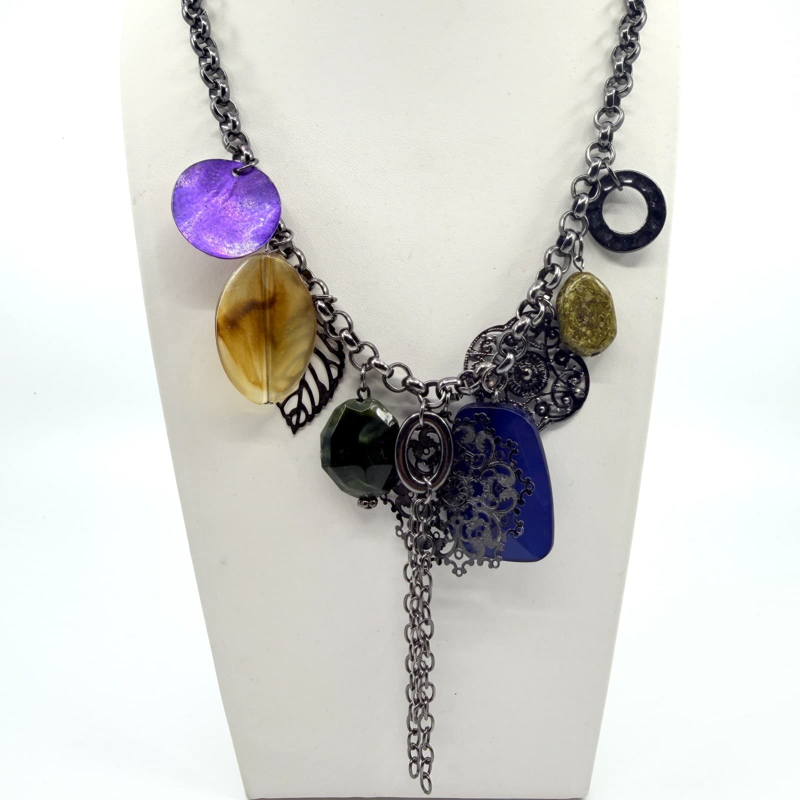 Vintage Gunmetal Tone Multi Charm Necklace Purple Blue Boho Statement Tassel Y2K