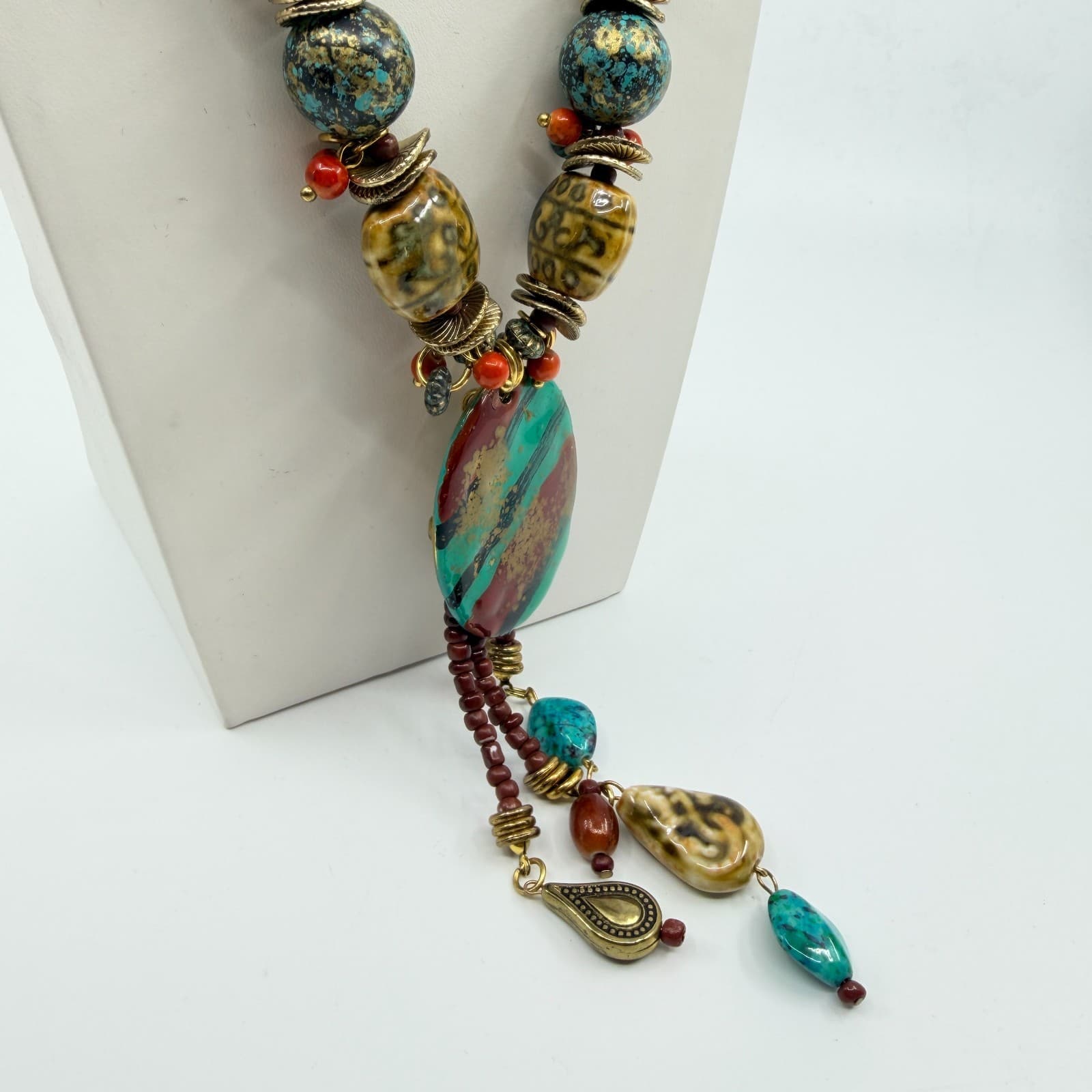 Vintage Boho Chunky Turquoise Red Beaded Statement Necklace Oval Pendant Lobster - Thumbnail 8