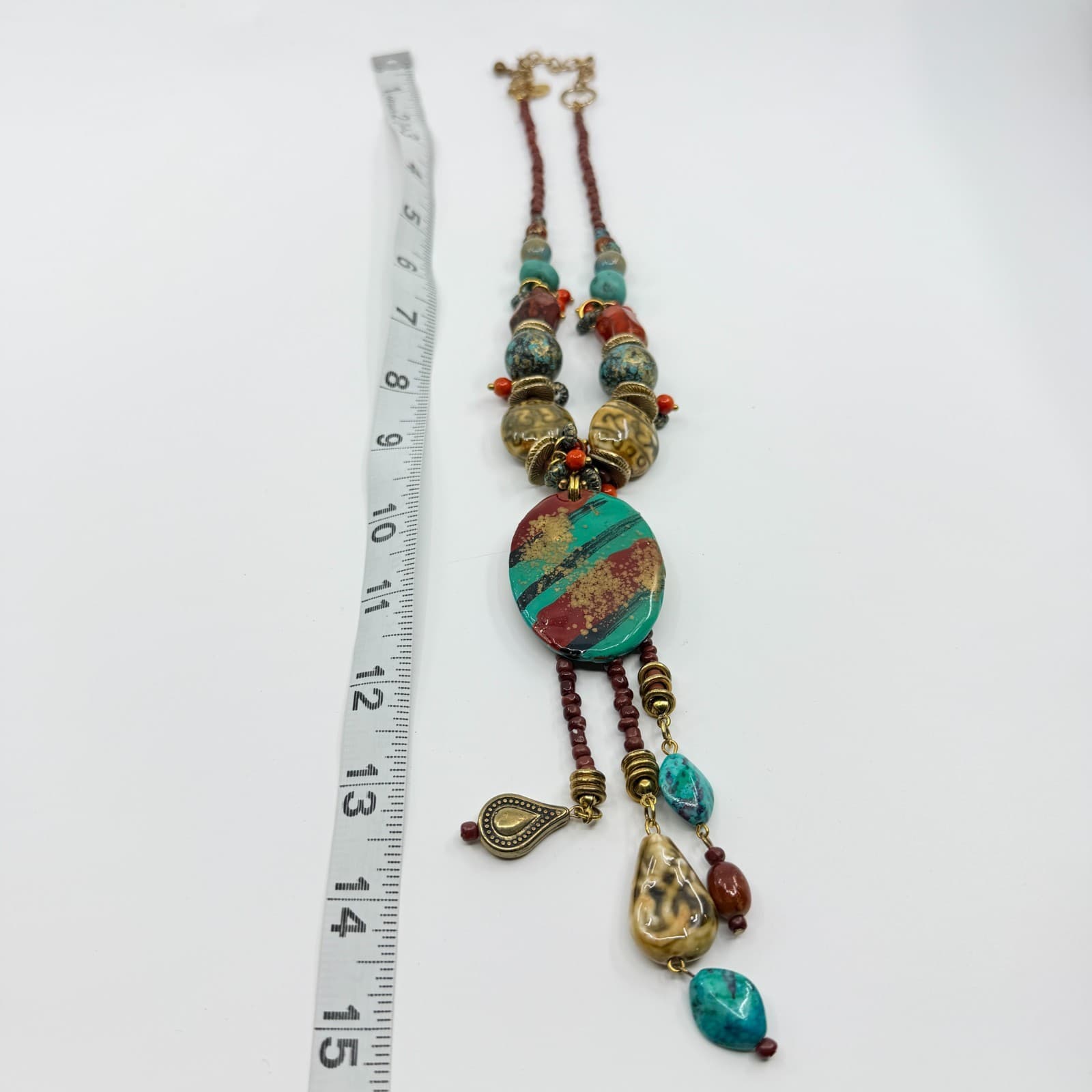 Vintage Boho Chunky Turquoise Red Beaded Statement Necklace Oval Pendant Lobster - Thumbnail 13