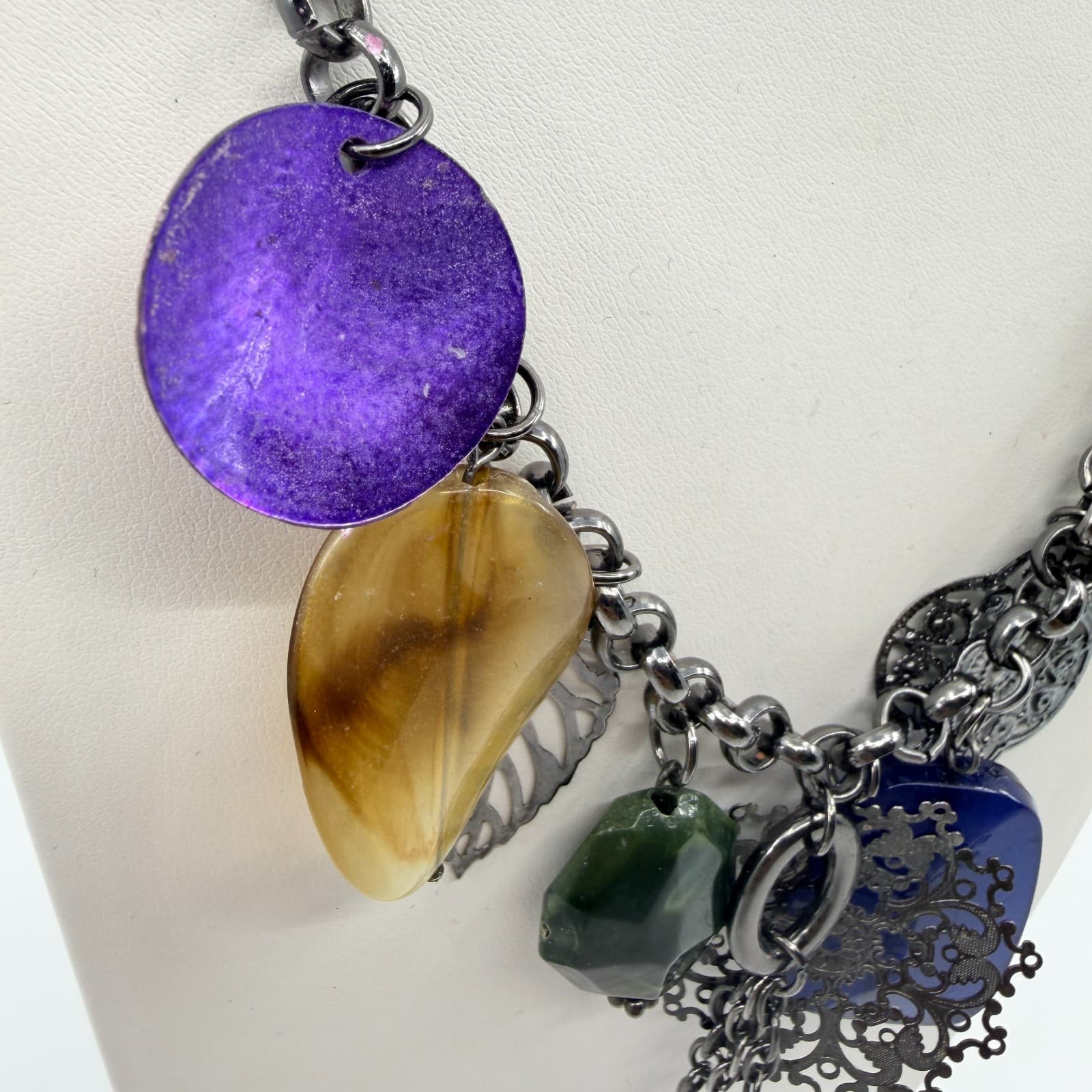 Vintage Gunmetal Tone Multi Charm Necklace Purple Blue Boho Statement Tassel Y2K - Thumbnail 3