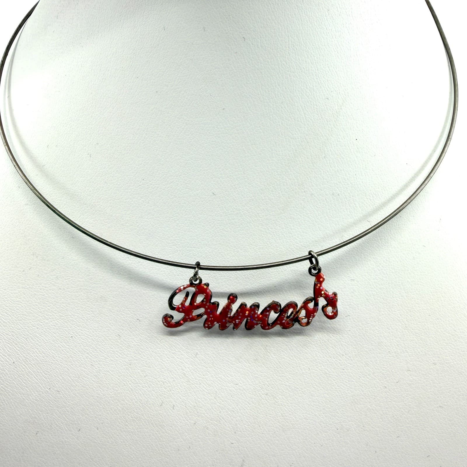 Vintage Silver Tone Red Glitter Princess Script Necklace Wire Choker Retro Y2K