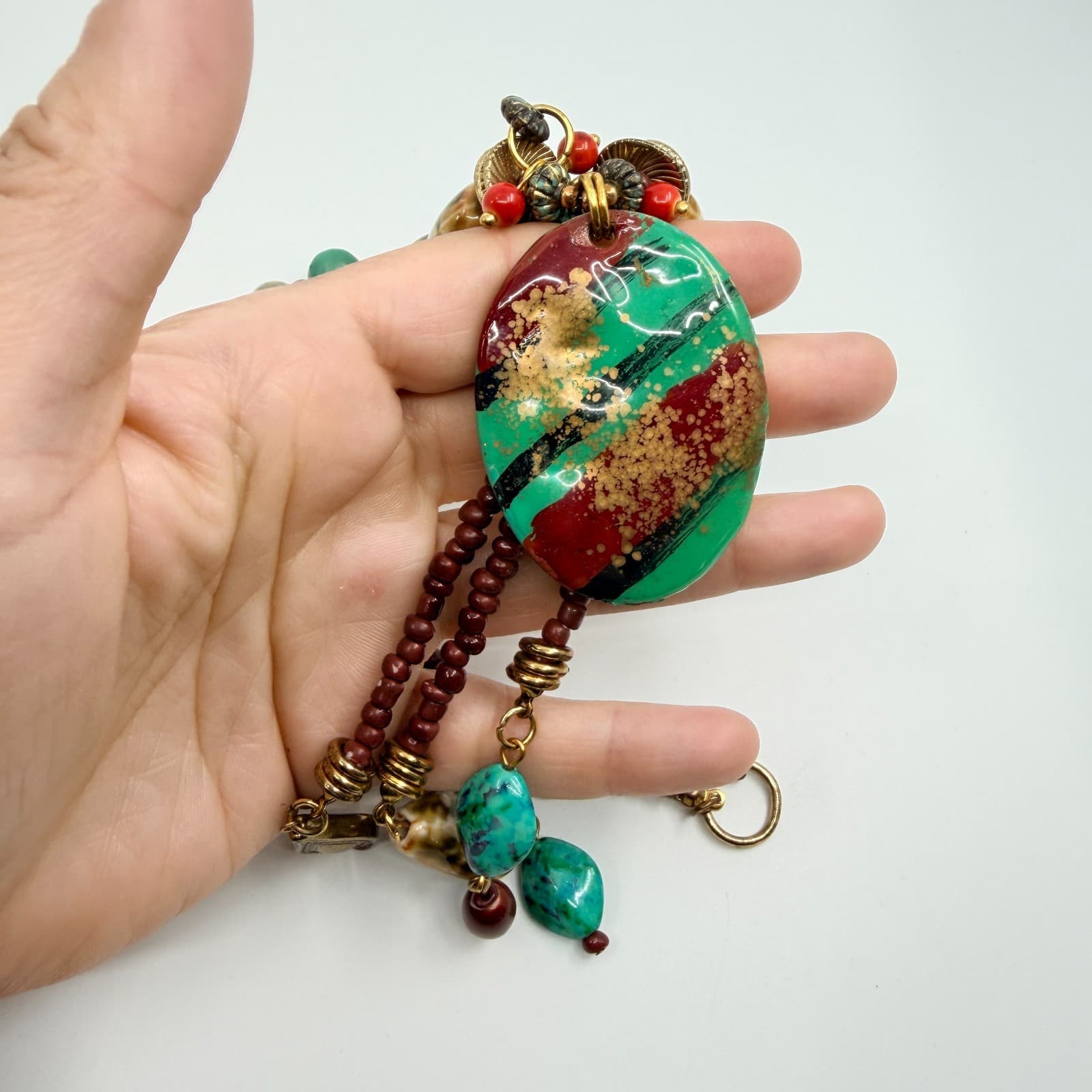 Vintage Boho Chunky Turquoise Red Beaded Statement Necklace Oval Pendant Lobster - Thumbnail 11