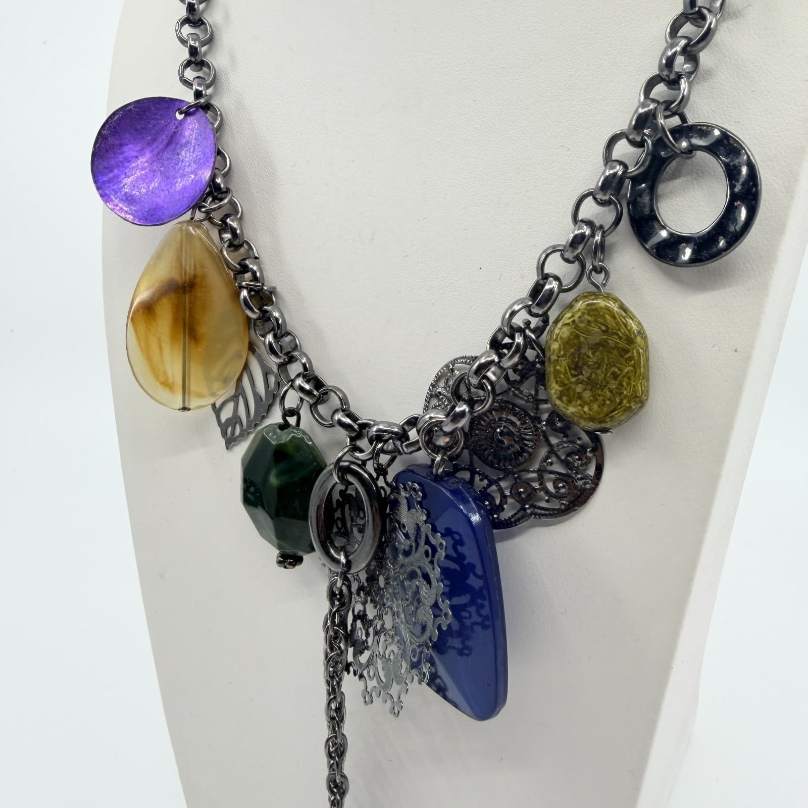 Vintage Gunmetal Tone Multi Charm Necklace Purple Blue Boho Statement Tassel Y2K - Thumbnail 5
