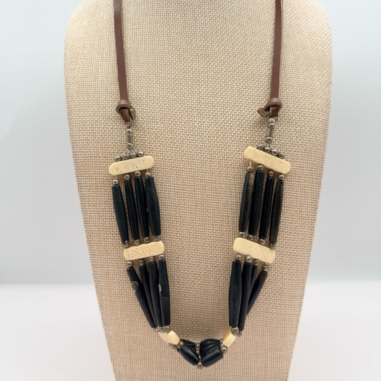 Vintage 90s Tribal Statement Necklace Wood Glass Beads Leather Cord Boho Jewelry