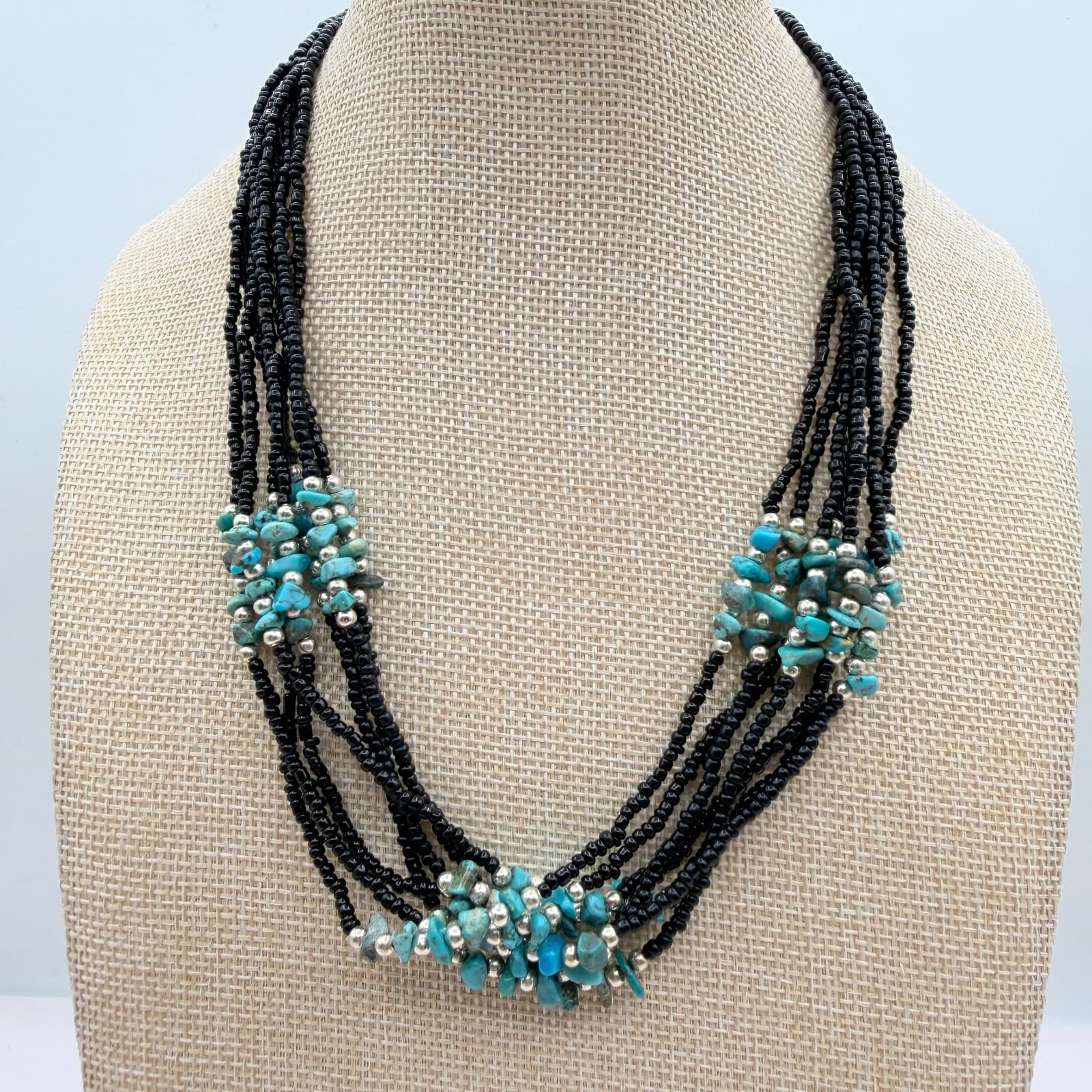 Vintage 90s Multi Strand Turquoise Black Glass Seed Bead Statement Necklace Boho