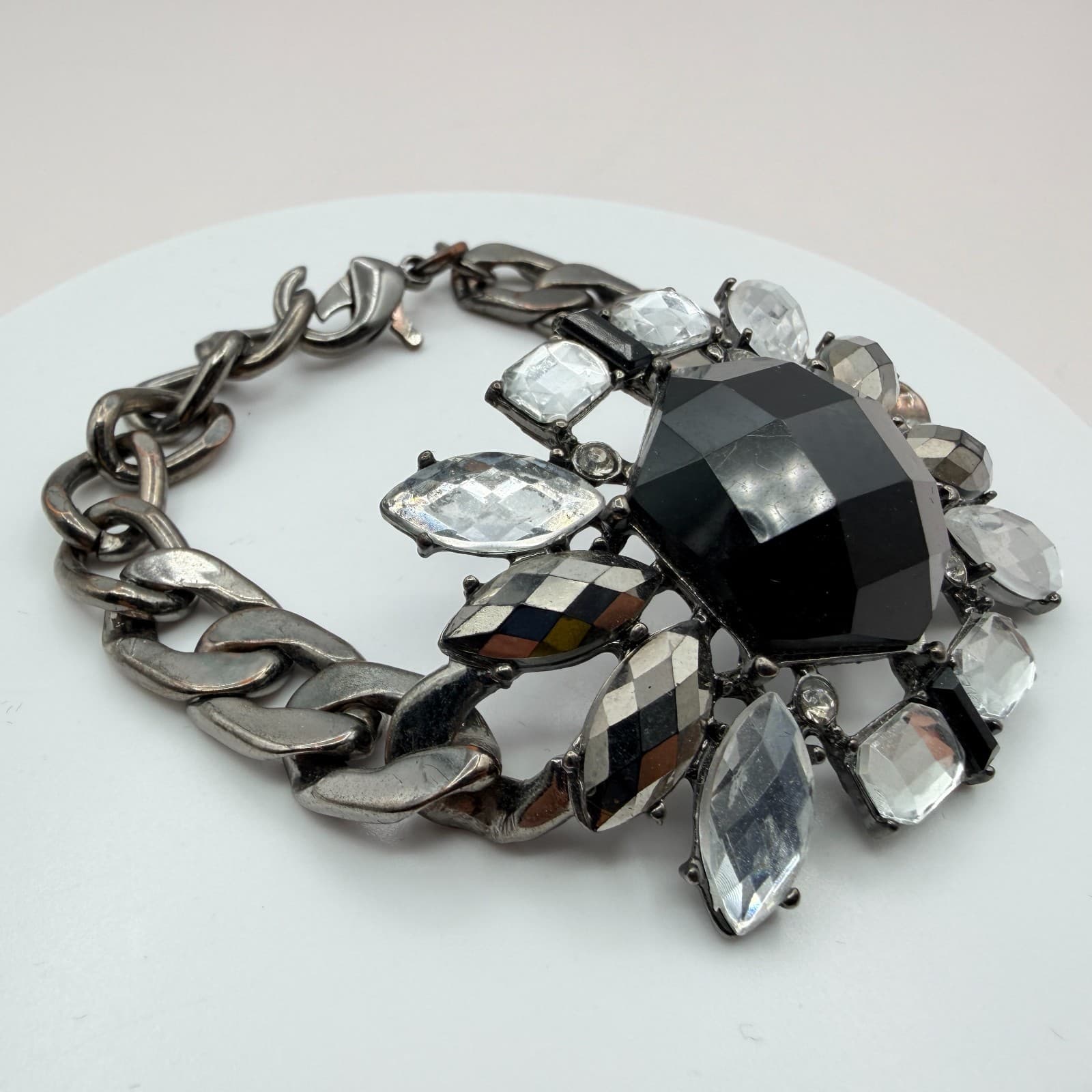 Vintage 90s Statement Bracelet Gunmetal Curb Chain Black Clear Glass Jewelry