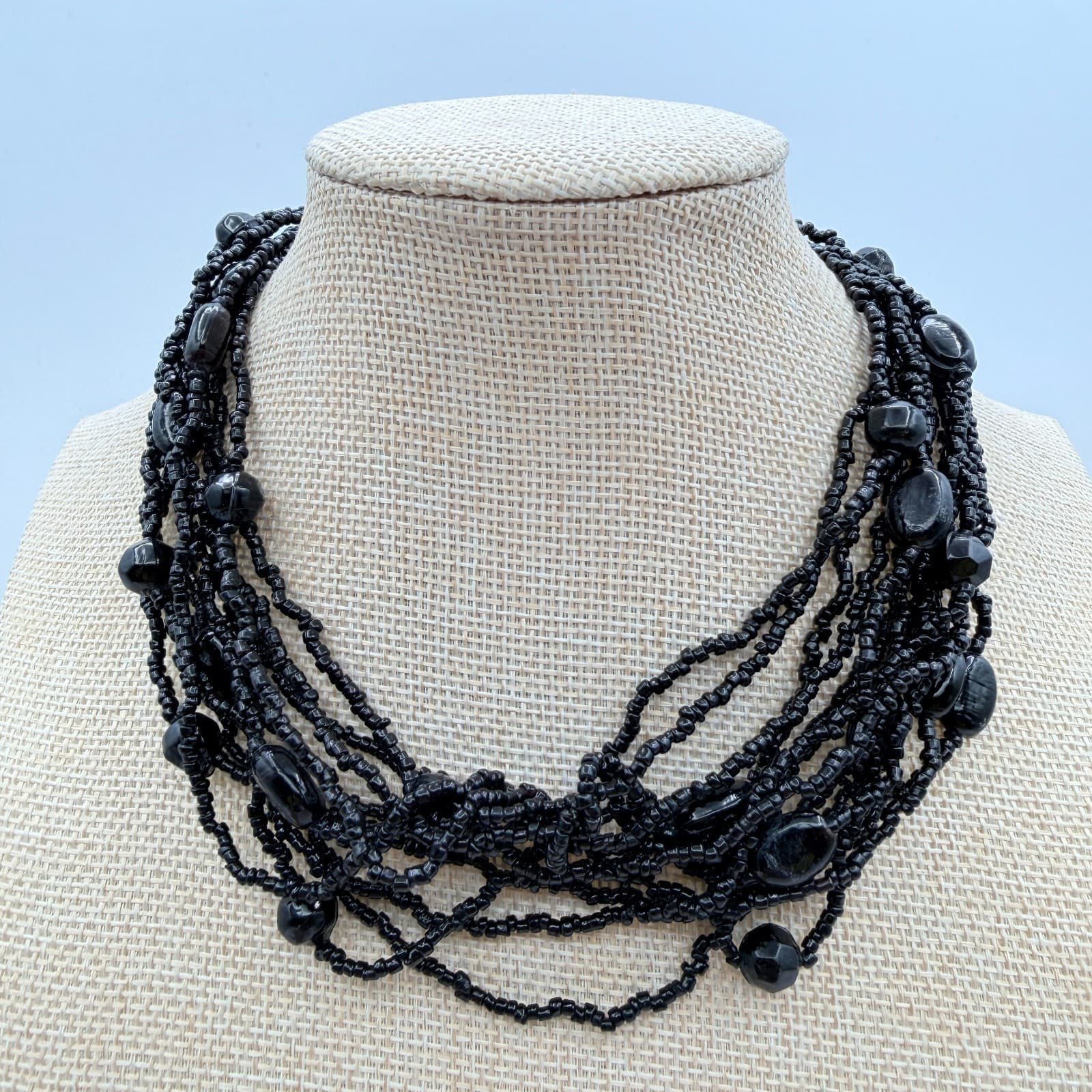 Vintage 90s Black Glass Seed Bead Multi Strand Statement Necklace Chunky Boho