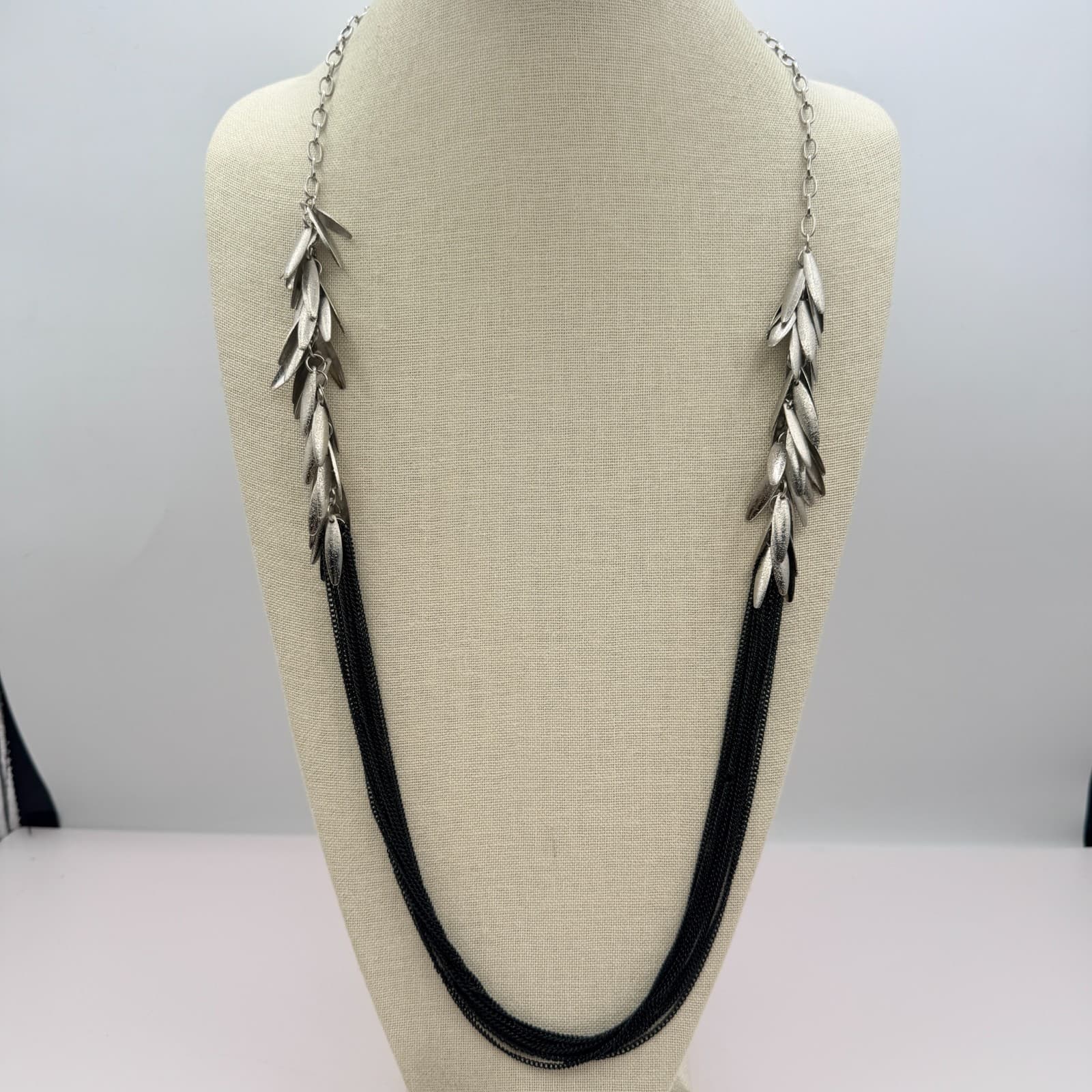 Vintage 90s Silver Tone Multi Strand Tassel Fringe Necklace Black Boho Jewelry
