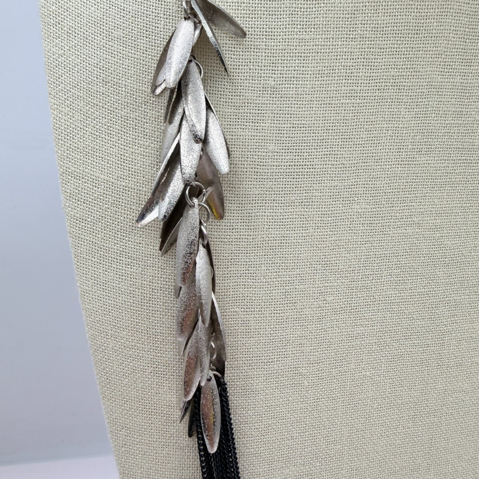 Vintage 90s Silver Tone Multi Strand Tassel Fringe Necklace Black Boho Jewelry - Thumbnail 9