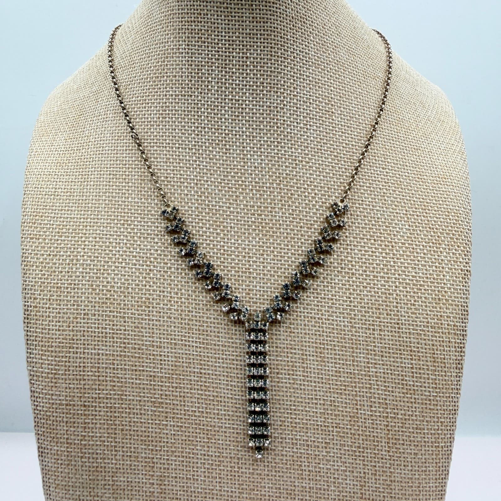 Vintage Y2K Silver Tone Clear Rhinestone Y Necklace Statement Women's Jewelry