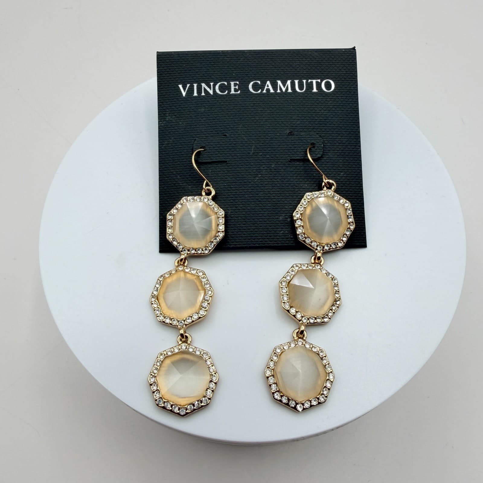 Vintage 90s Vince Camuto Gold Tone Champagne Glass Hexagon Dangle Drop Earrings