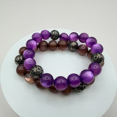 Vintage Y2K Silver Tone Beaded Stretch Bracelet Set Women's Classic Jewelry