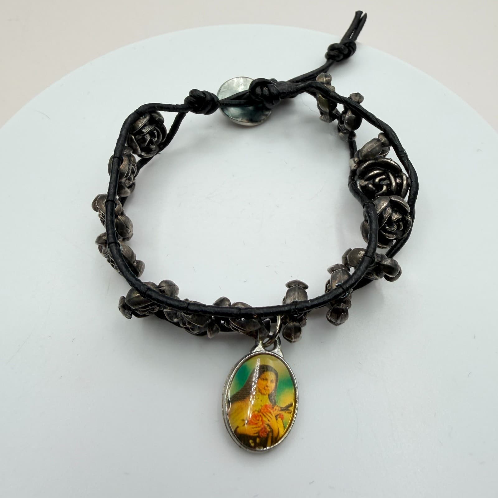 Vintage 90s Religious Saint Therese Charm Bracelet Black Leather Rose Beads
