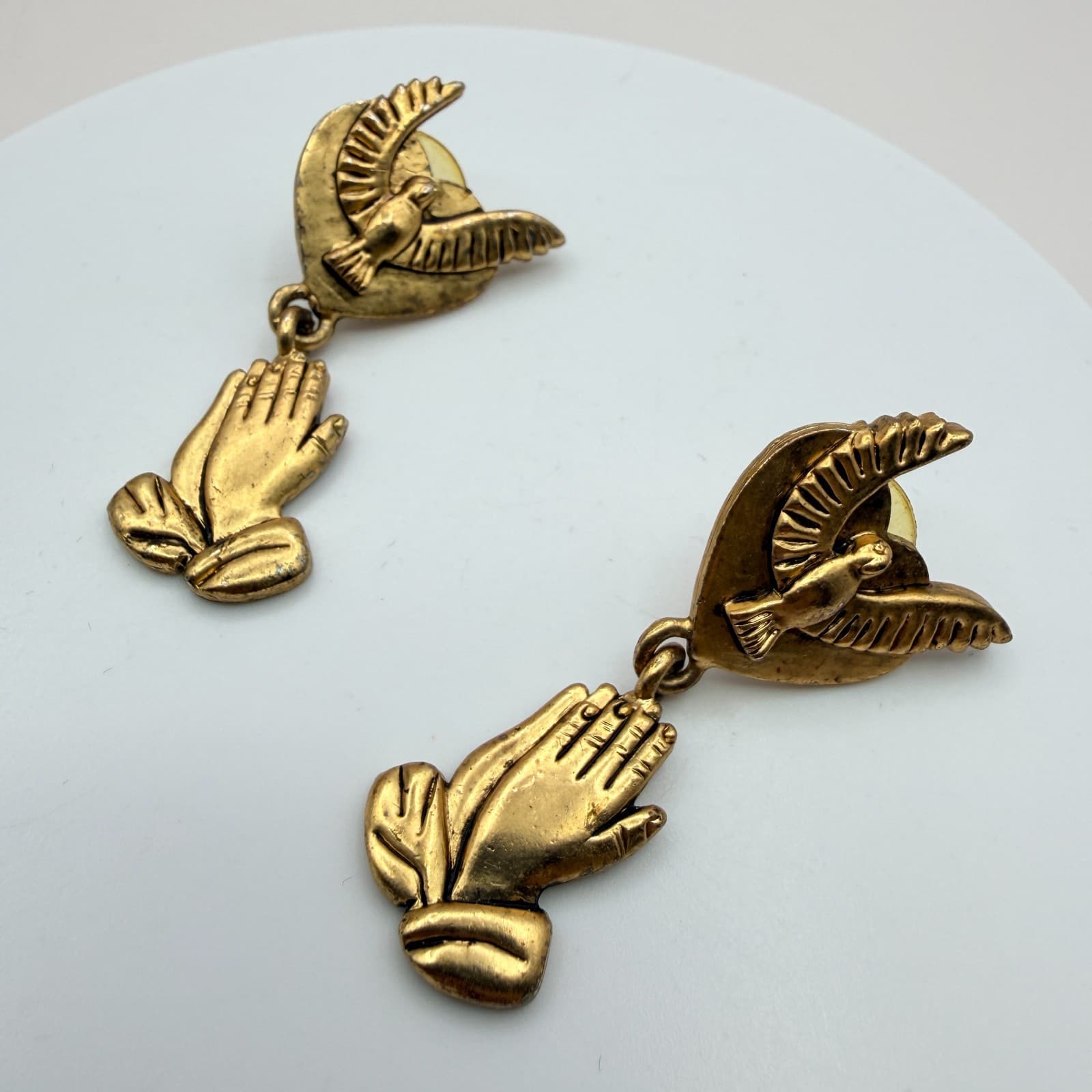 Vintage 80s GoldTone Praying Hands & Dove Dangle Earrings Religious Boho Jewelry