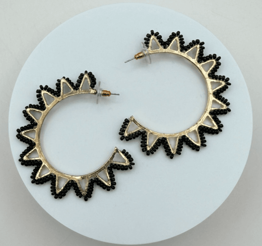 Vintage Y2K Gold Tone Black Beaded Hoop Sunburst Spike Earrings Women's Jewelry