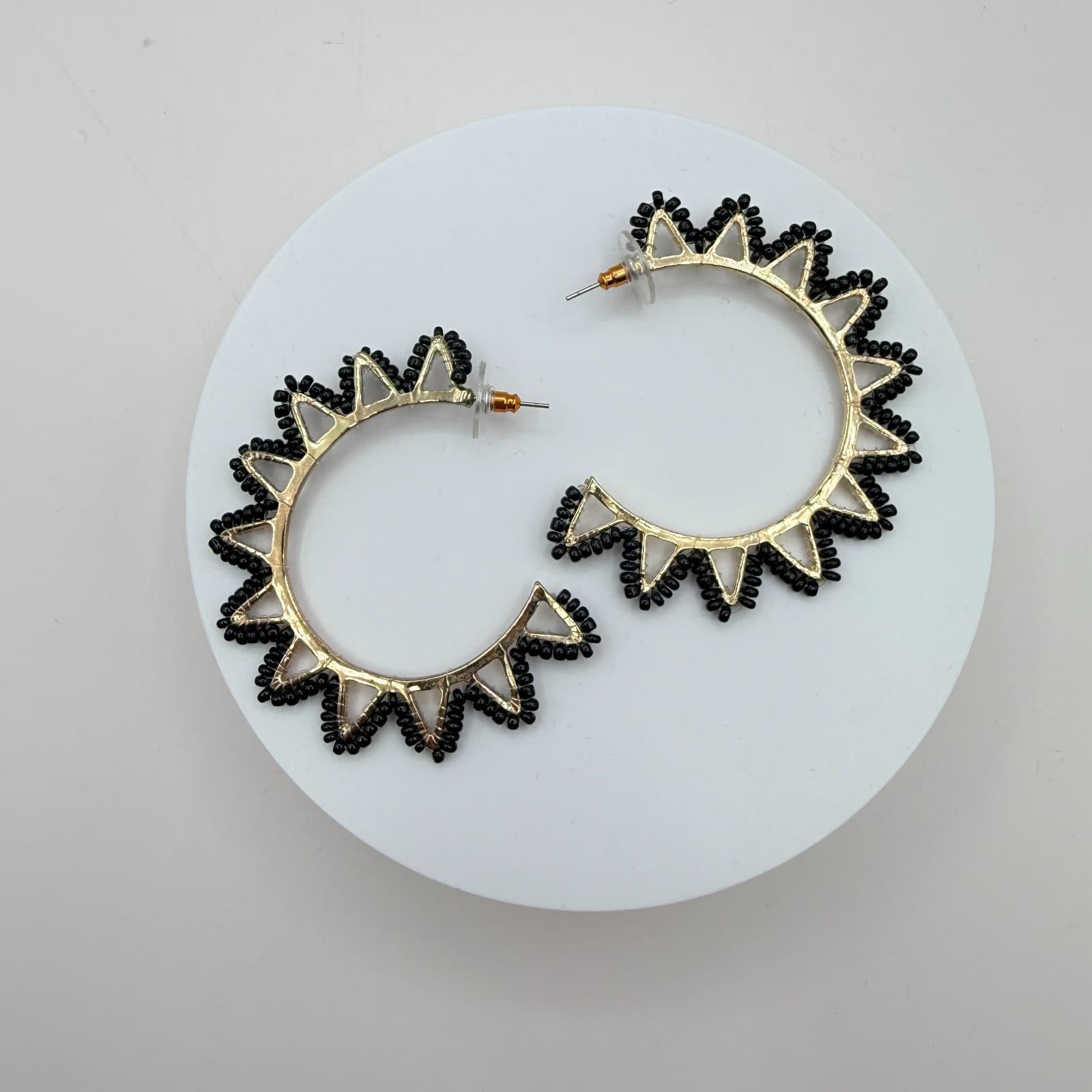 Vintage Y2K Gold Tone Black Beaded Hoop Sunburst Spike Earrings Women's Jewelry - Thumbnail 2