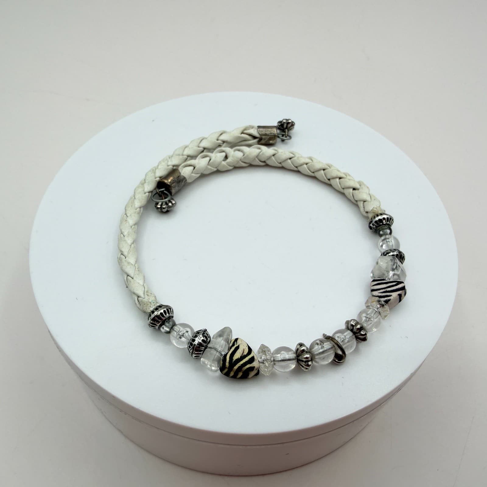 Vintage Y2K Silver Tone White Braided Leather Bracelet Beaded Zebra Stripe Charm