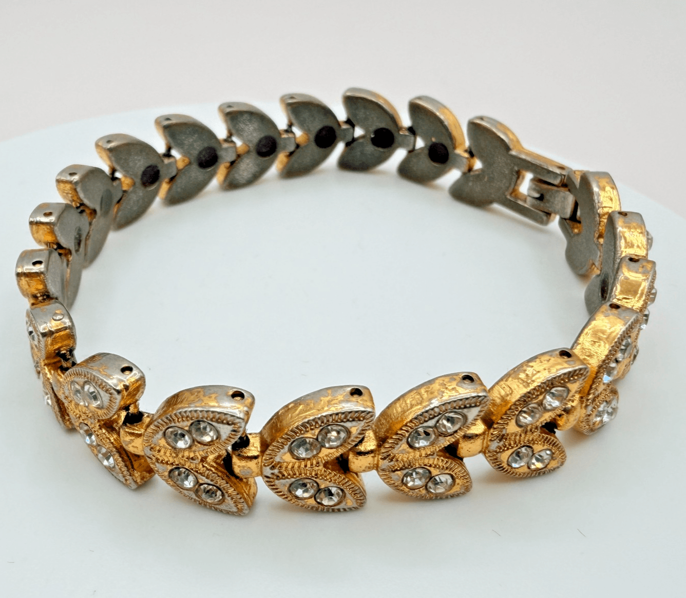 Vintage 90s Gold Tone Leaf Link Clear Rhinestone Bracelet Boho Women's Jewelry