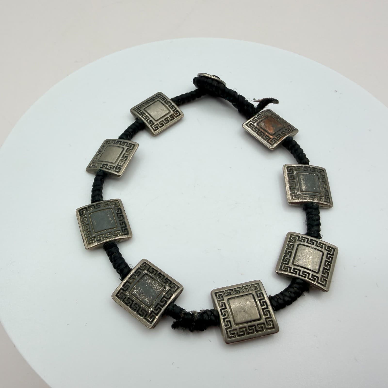 VTG Y2K Silver Tone Square Greek Key Panel Bracelet Black Cord Women's Jewelry