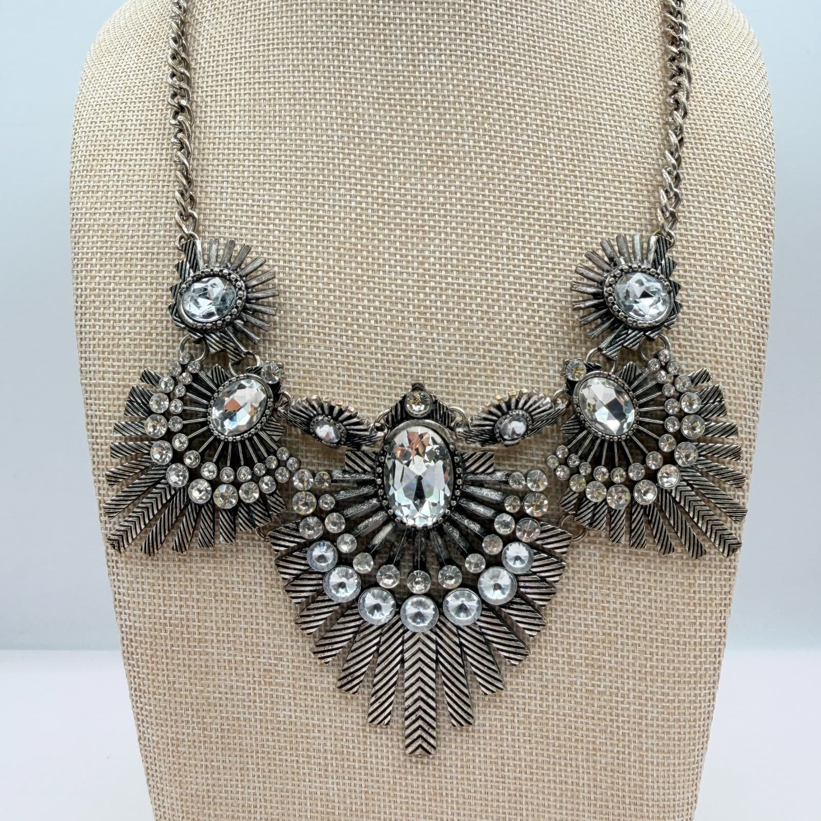 Vintage 80s Silver Tone Biblical Bib Statement Necklace Clear Glass Jewelry