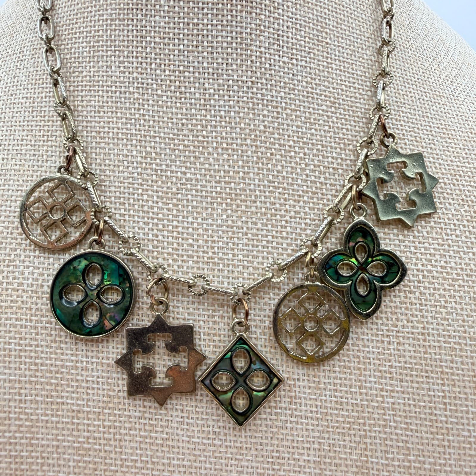 Vintage 90s Gold Tone Green Glass Abalone Charm Necklace Geometric Boho Jewelry