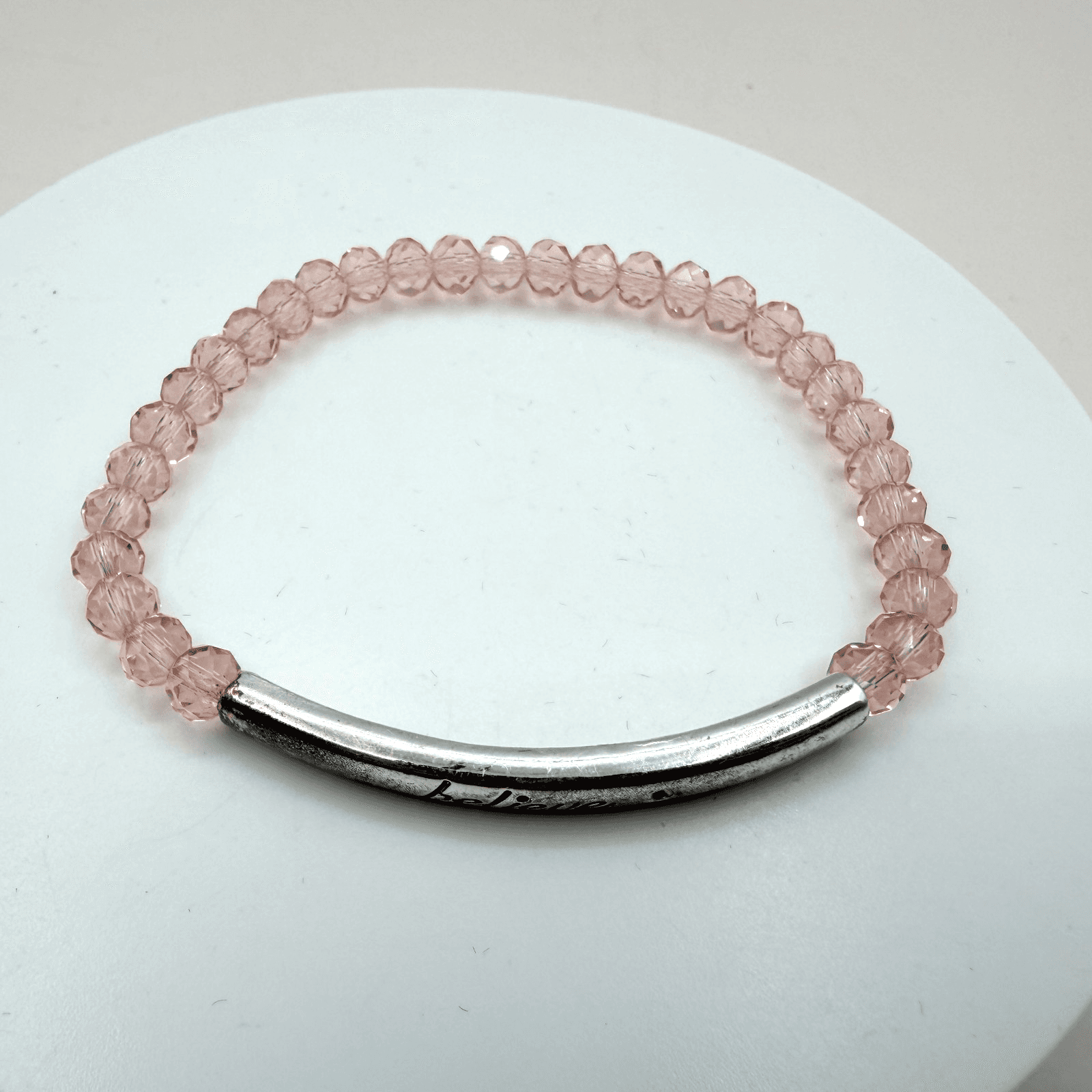 Vintage Y2K Believe Silver Tone Pink Beaded Stretch Bracelet Women's Jewelry
