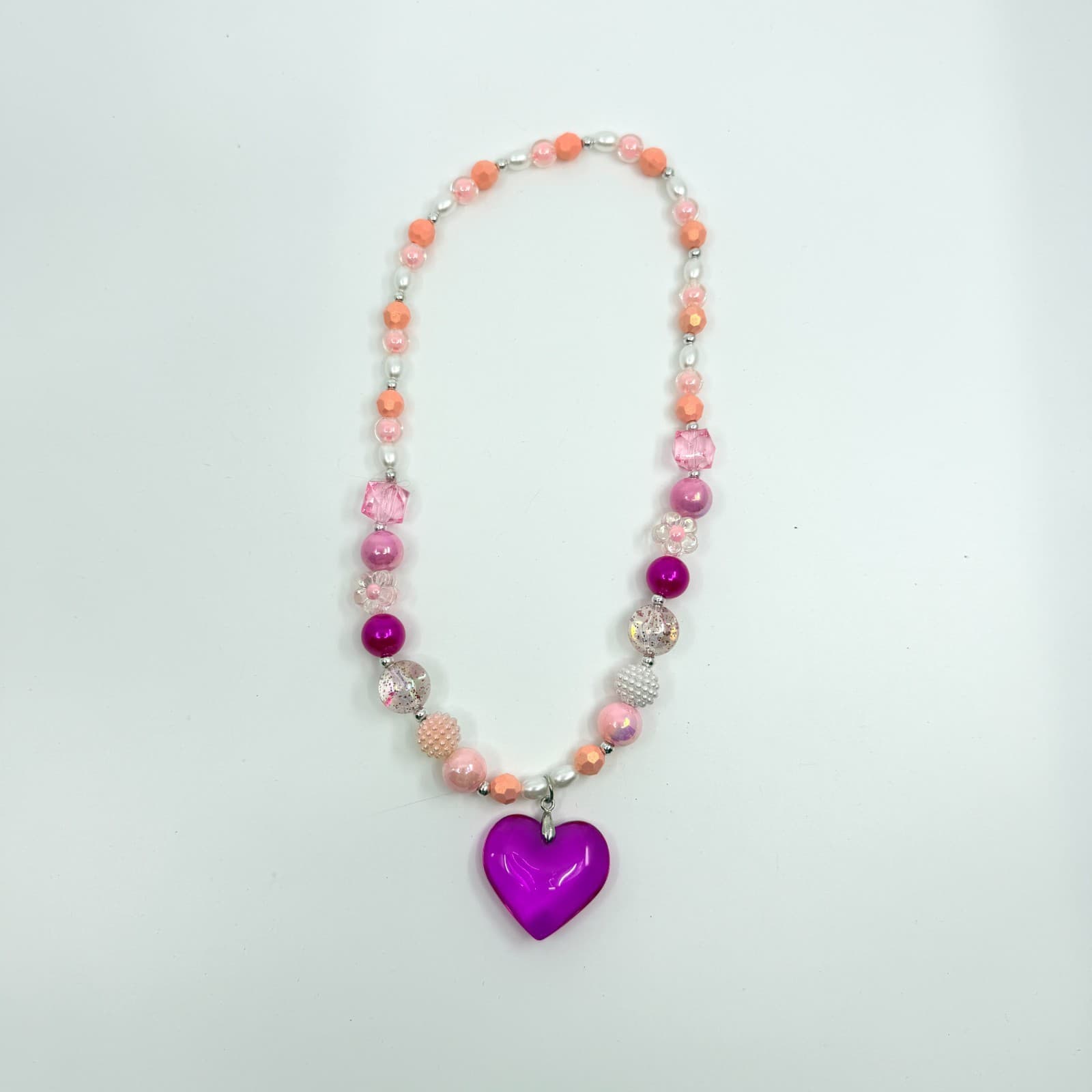 VTG Y2K Chunky Pink Beaded Necklace Translucent Purple Heart Pendant Fairycore - Thumbnail 7