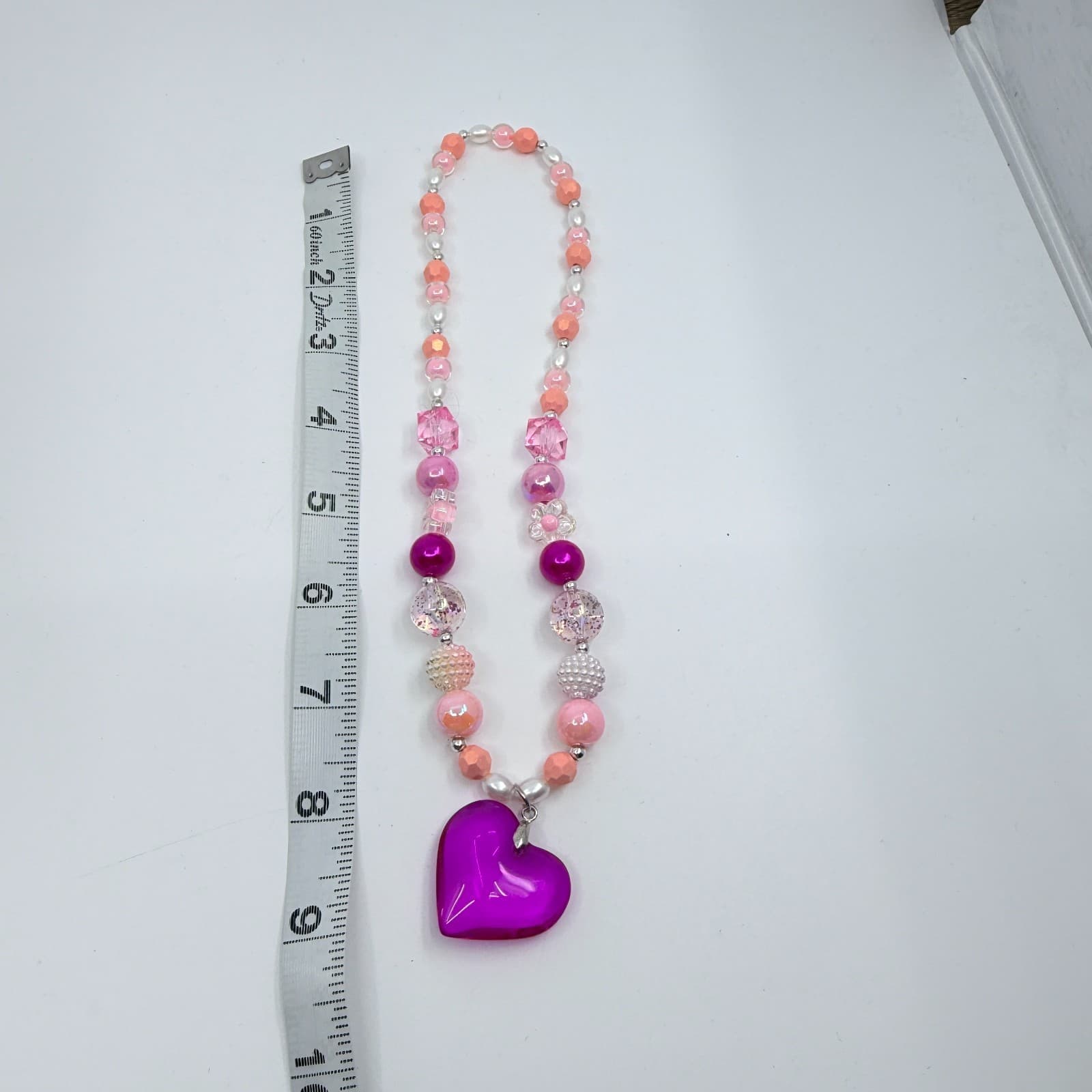 VTG Y2K Chunky Pink Beaded Necklace Translucent Purple Heart Pendant Fairycore - Thumbnail 8