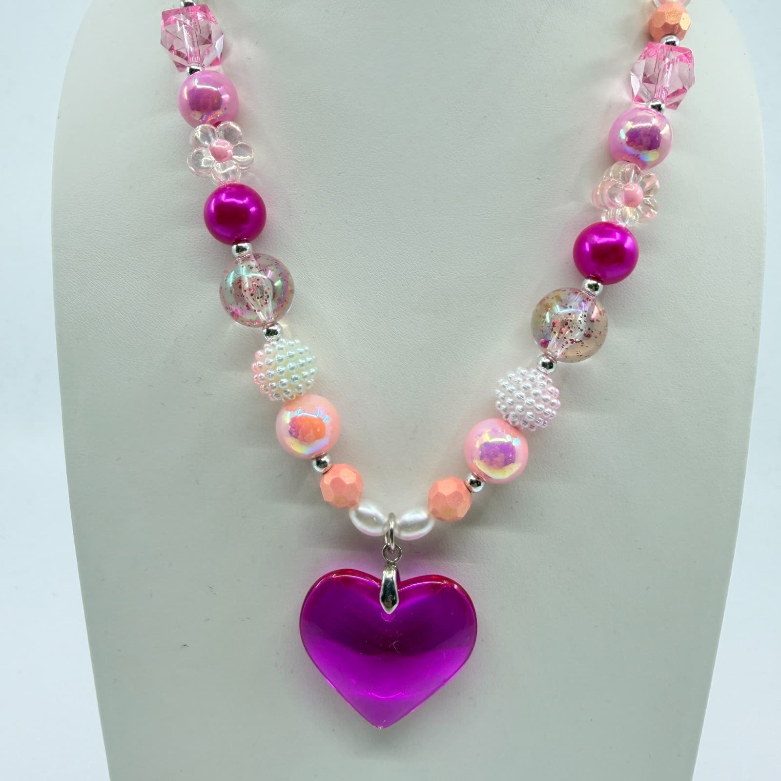 VTG Y2K Chunky Pink Beaded Necklace Translucent Purple Heart Pendant Fairycore - Thumbnail 3