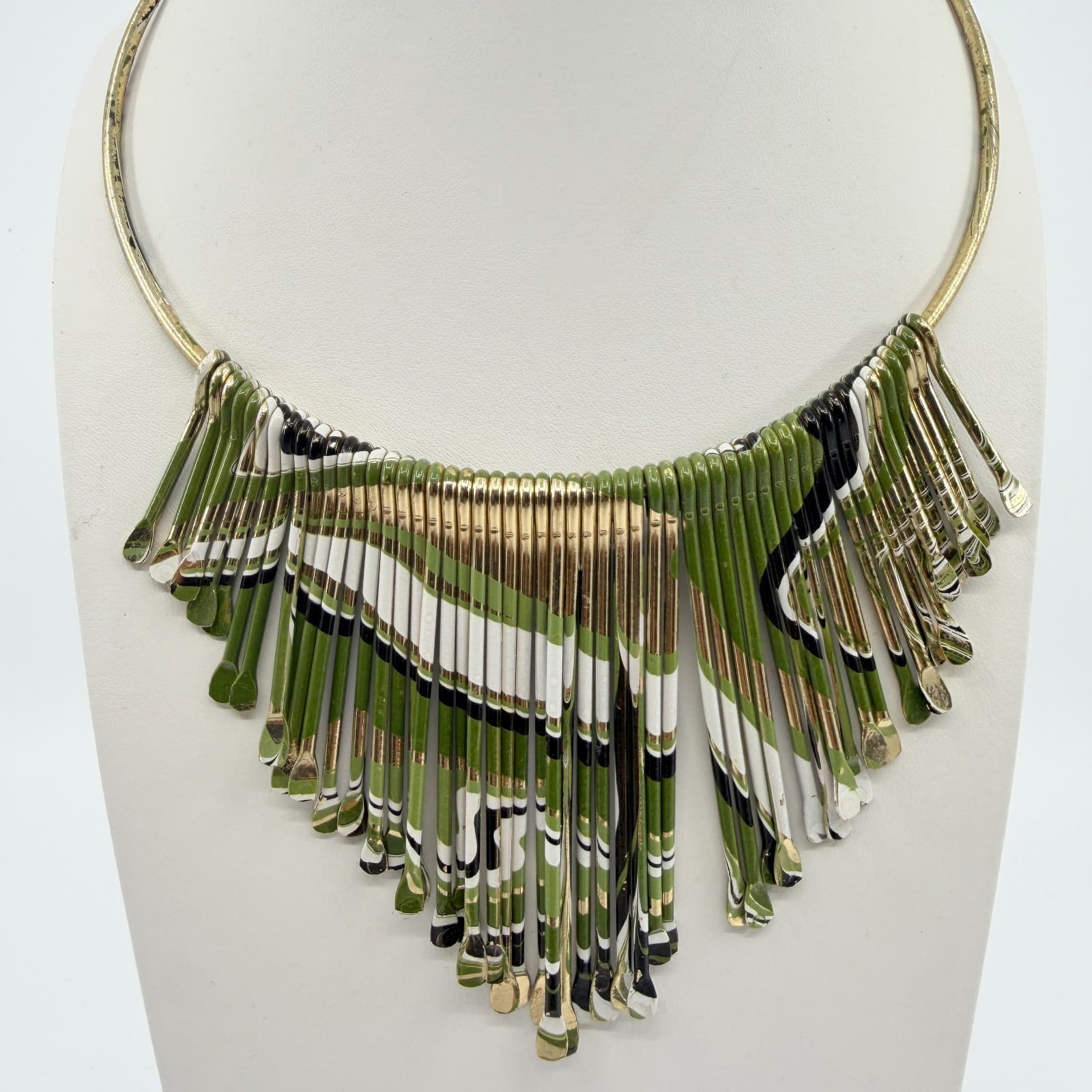 Vintage Gold Tone Green White Black Enamel Fringe Bib Necklace Collar Statement - Thumbnail 2